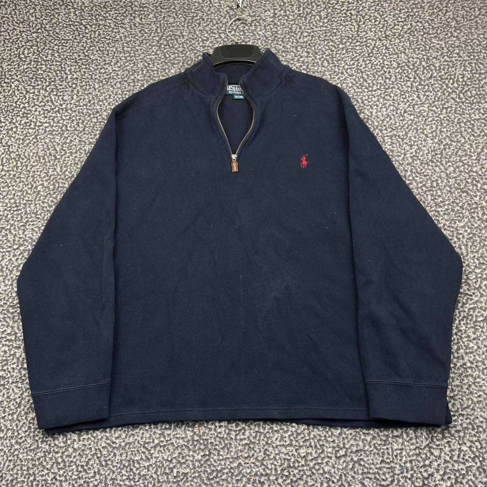 Vintage Polo Ralph Lauren Sweater Men XXL Navy Blue 1/4 Zip Pullover Cotton 2XL